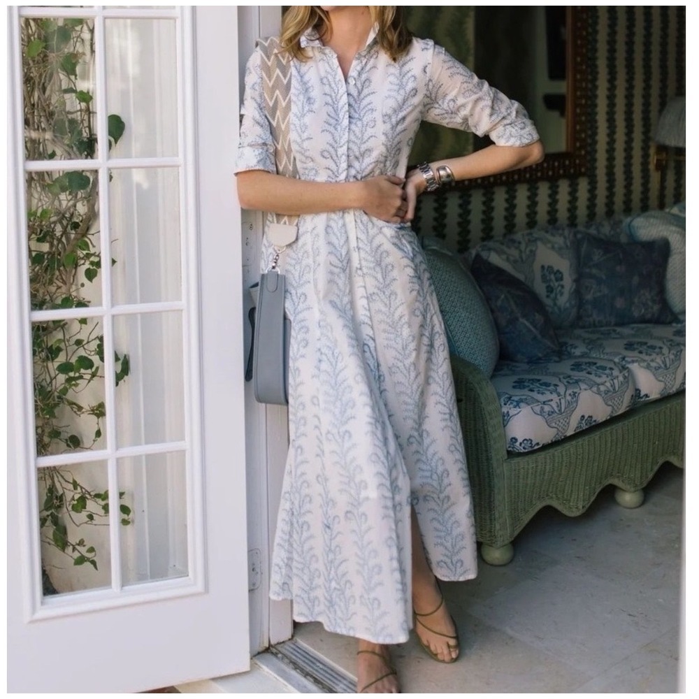 Julia Amory JA Julia Maxi Shirt Dress Blue White Cotton Vines Block Print L